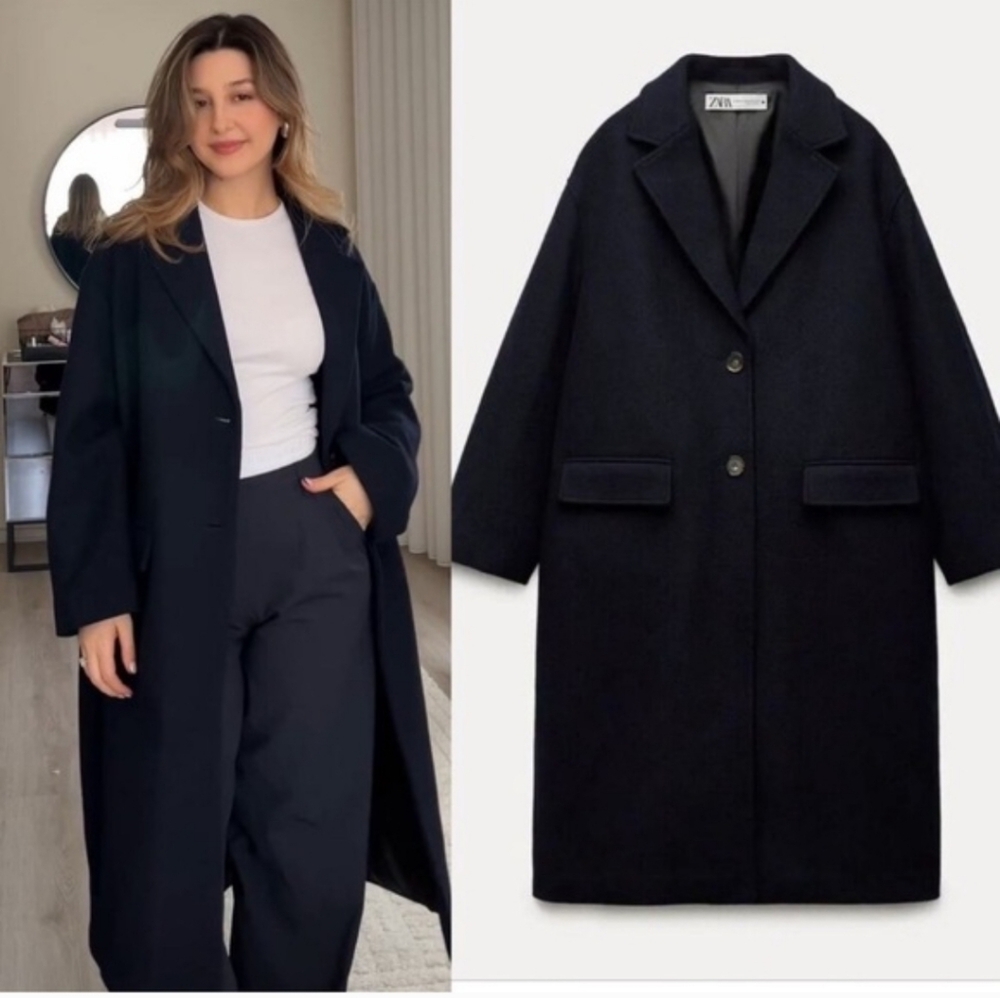 Zara Wool Blend Oversized Coat Navy  Size M-L  NWT - Picture 6 of 14